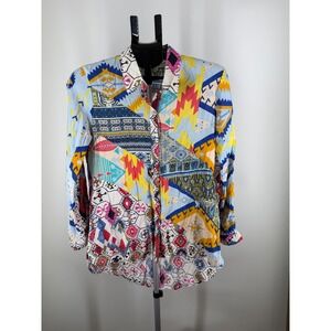 Caleesa Womens Patchwork Print High Low Button‎ Down Shirt Multicolor Boho S